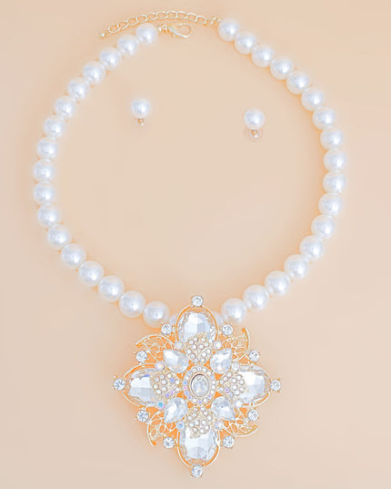 Pearl Necklace Cream Crystal Pendant Set for Women