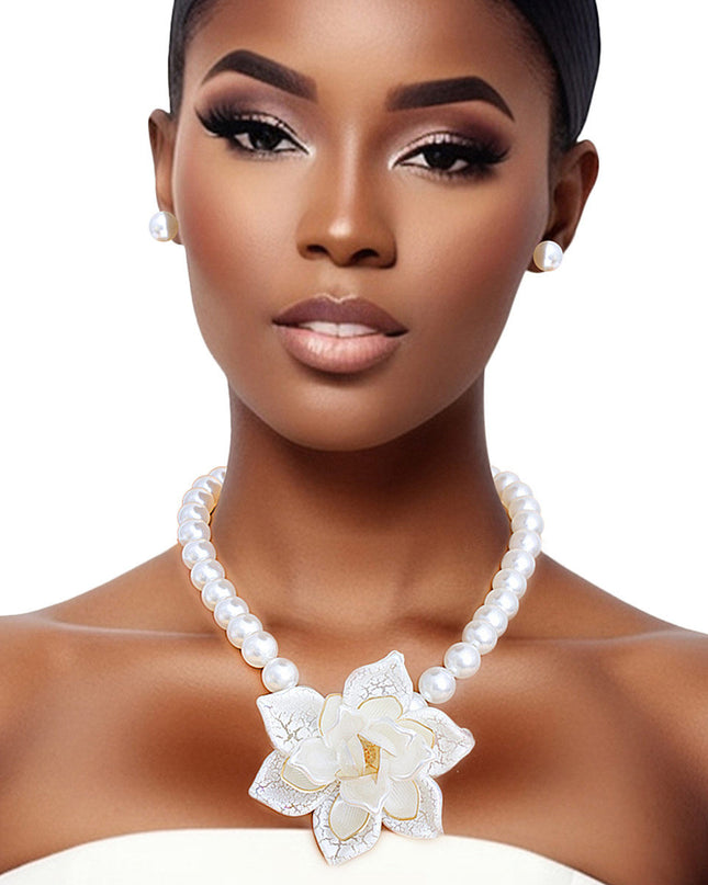 Pearl Necklace Cream Flower Pendant Set for Women