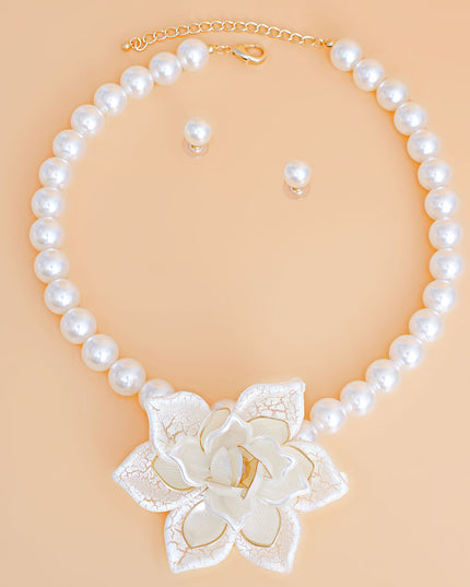 Pearl Necklace Cream Flower Pendant Set for Women