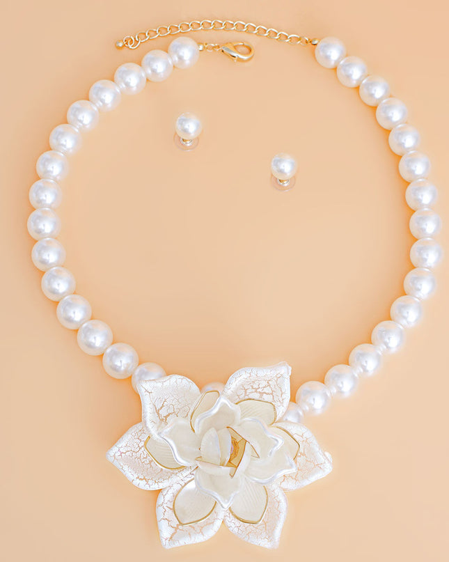 Pearl Necklace Cream Flower Pendant Set for Women