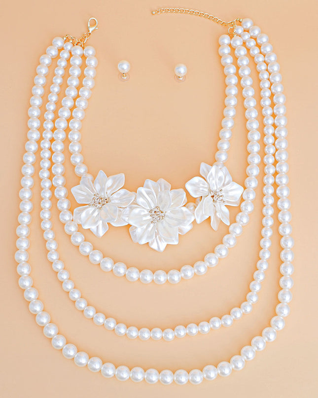 Pearl Necklace Cream Flower 4 Strand Set for Women