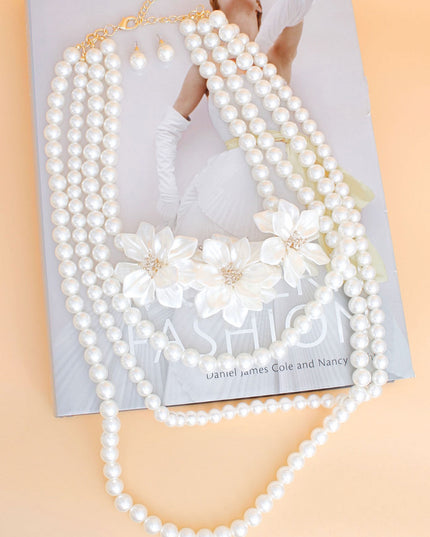 Pearl Necklace Cream Flower 4 Strand Set for Women