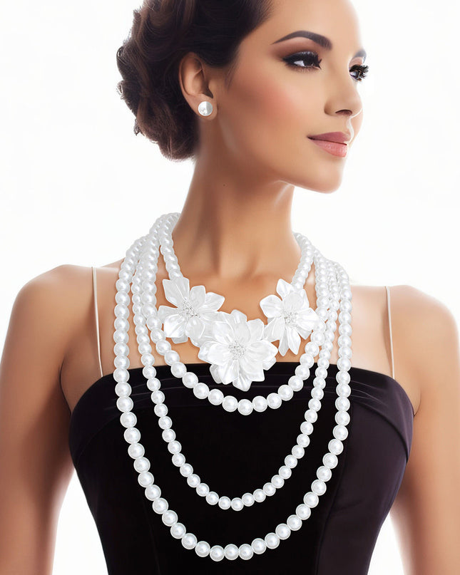 Pearl Necklace White Flower 4 Strand Set for Women