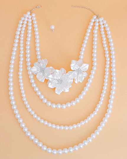 Pearl Necklace White Flower 4 Strand Set for Women