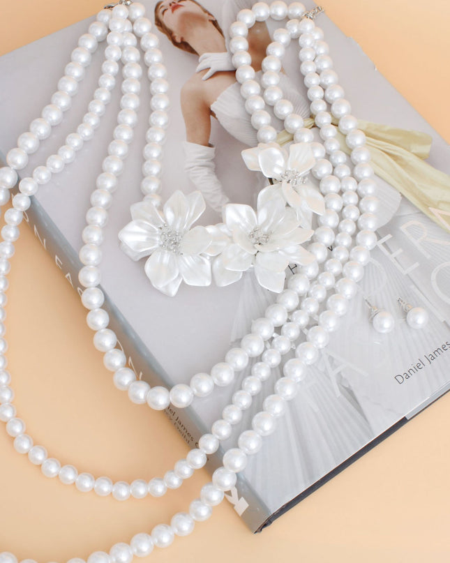 Pearl Necklace White Flower 4 Strand Set for Women