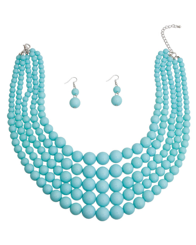 Sea Blue Bead 5 Strand Necklace
