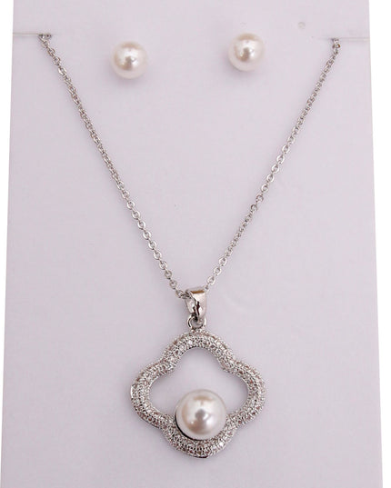 White Gold Plated Pearl CZ Necklace