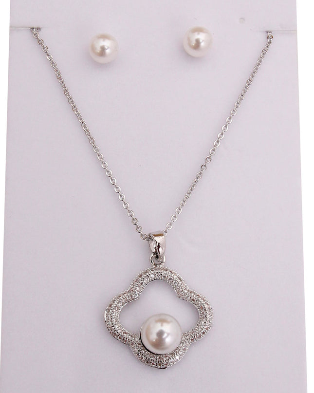 White Gold Plated Pearl CZ Necklace