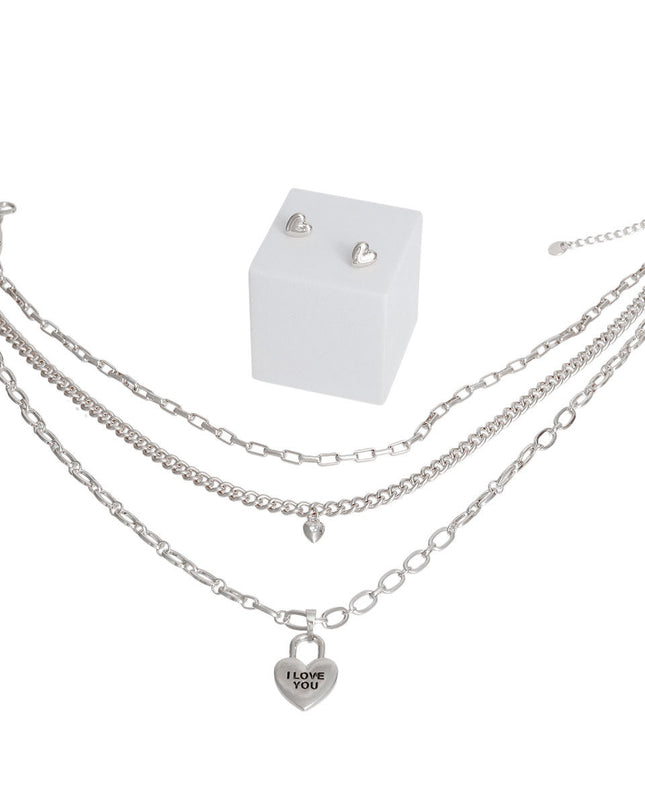 Silver 3 Layer Chain Locked Heart Necklace