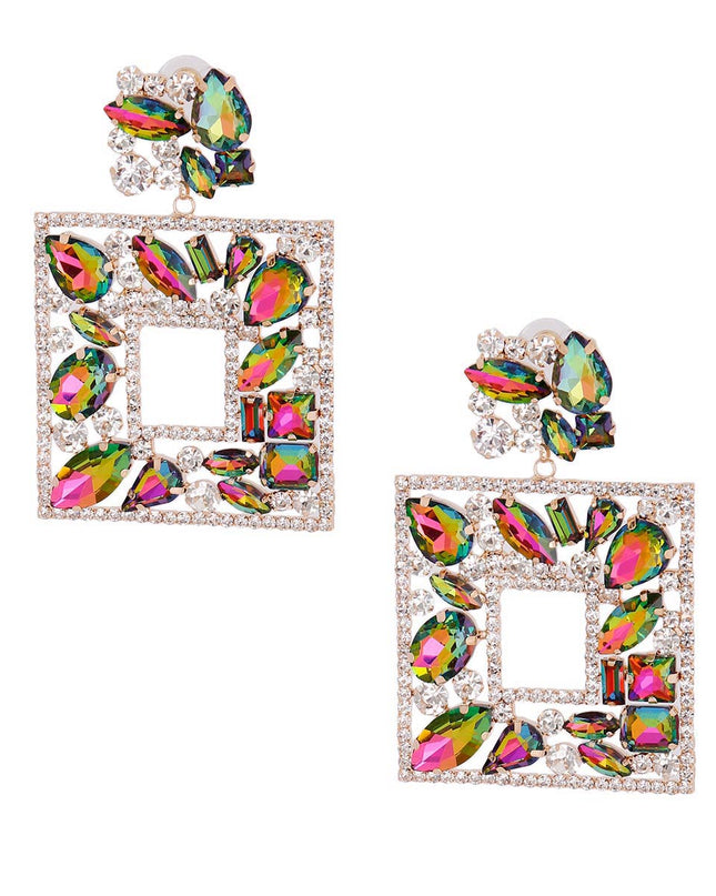 Elegant Pink Green Crystal Square Earrings