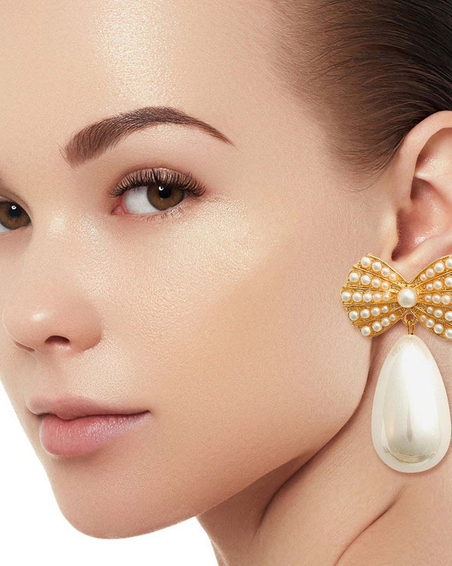 Gold Bow Cream Pearl Teardrop Earrings