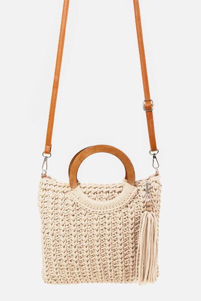 Crochet Knit Convertible Tote Bag with Tassel