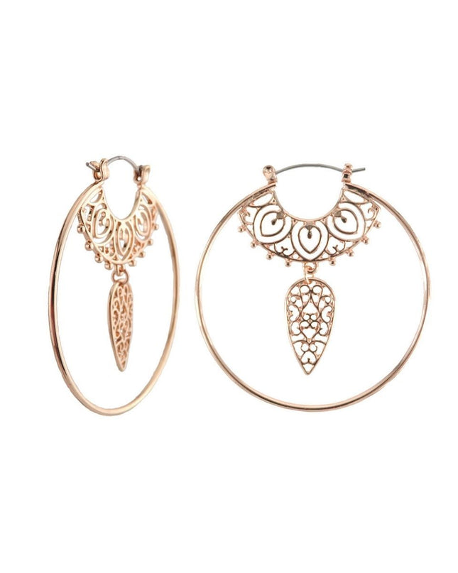 Rose Gold Filigree Dangle Hoops