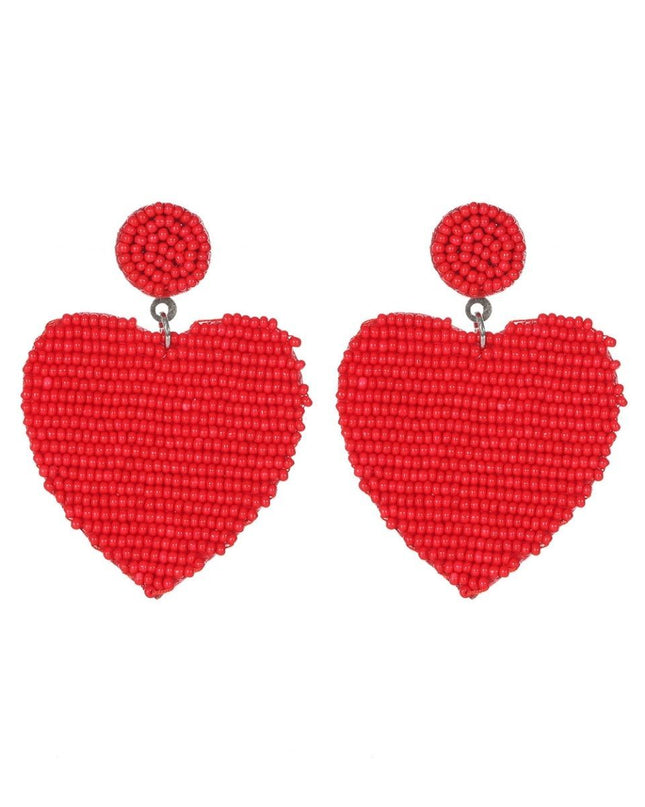 Red Seed Bead Heart Earrings