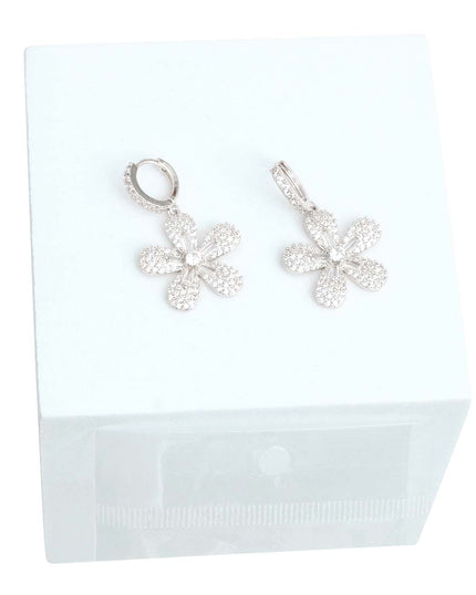 Rhodium Plated CZ Flower Huggie Hoops