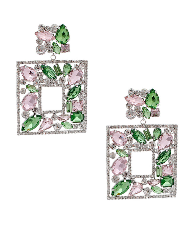 Light Pink Green Glass Crystal Square Earrings