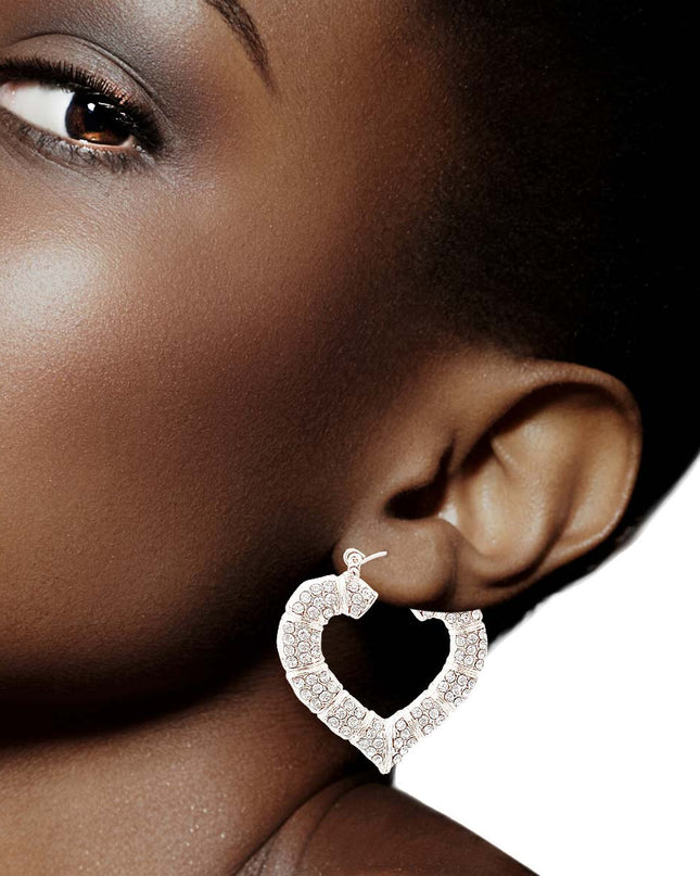 Silver Bling Heart Bamboo Hoops