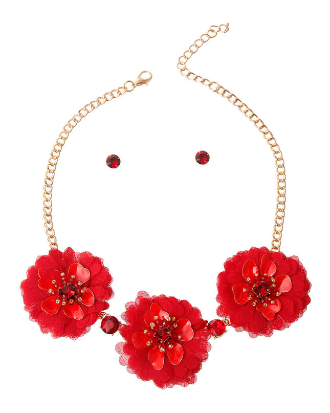 Wine Fabric Flower Necklace Set