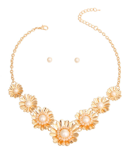 Gold Metal Flower and Pearl Set