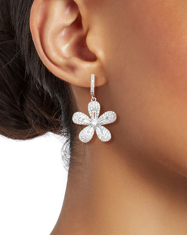 Rhodium Plated CZ Flower Huggie Hoops
