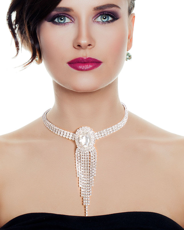 Silver Frame Fringe Rhinestone Choker
