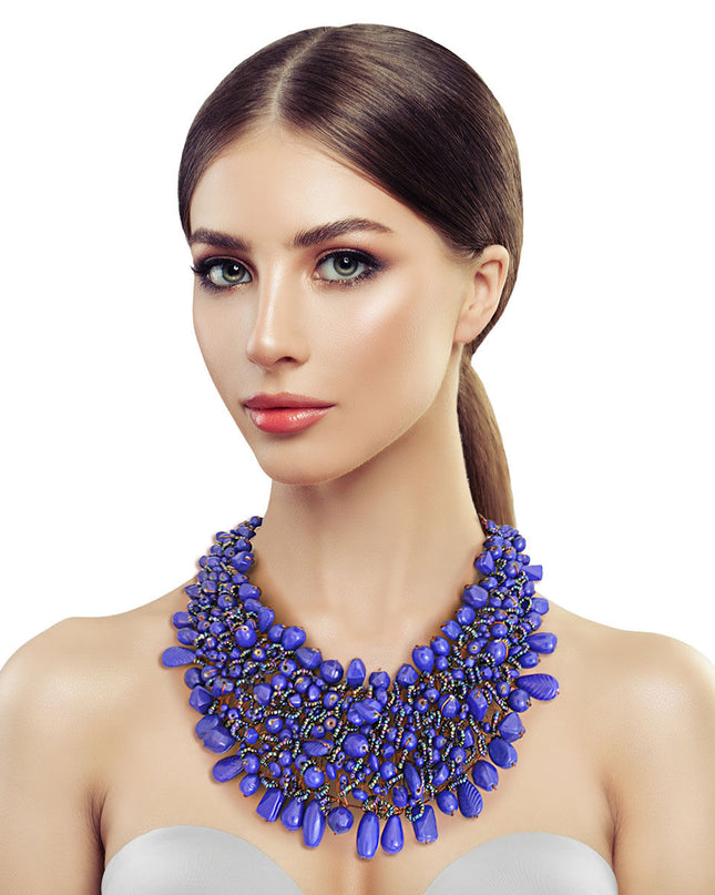 Dark Purple Blue Bead and Copper Bib Necklace