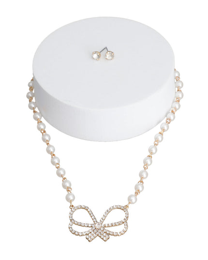 Cream Pearl Rhinestone Bow Necklace
