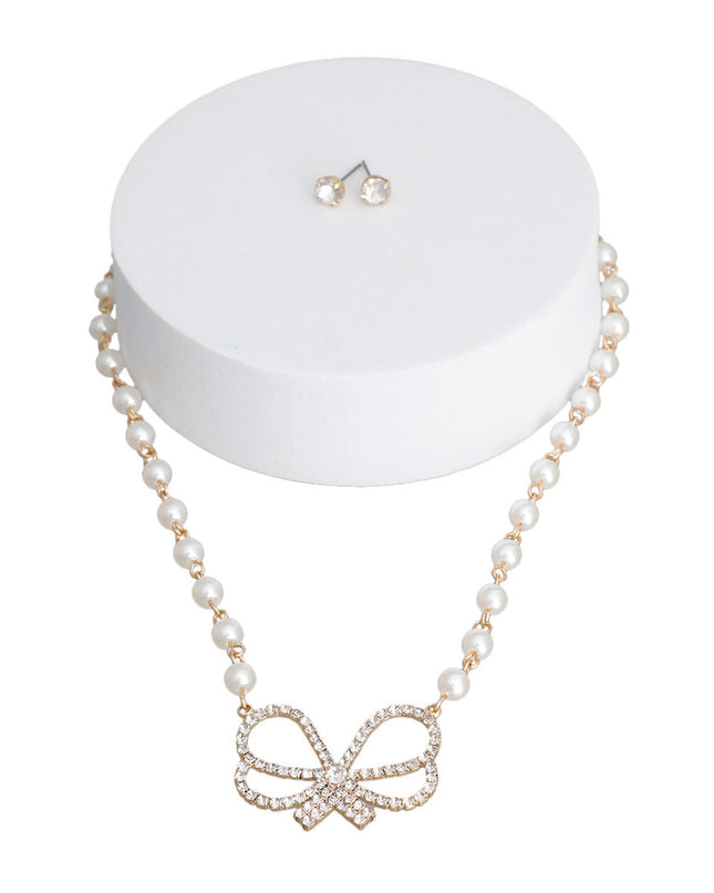 Cream Pearl Rhinestone Bow Necklace