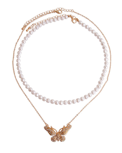 2 Pcs Gold Pearl Butterfly Necklace
