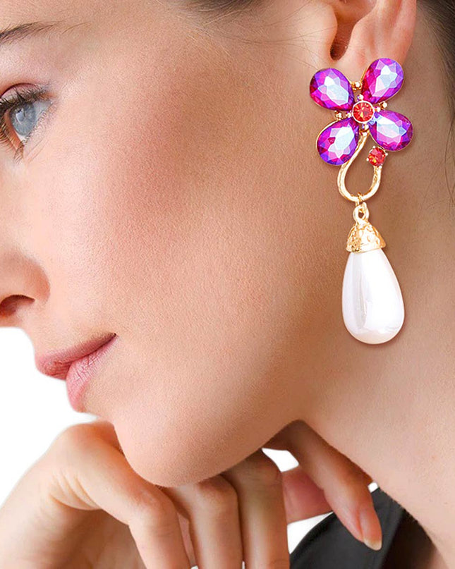 Purple Flower Pearl Teardrop Earrings