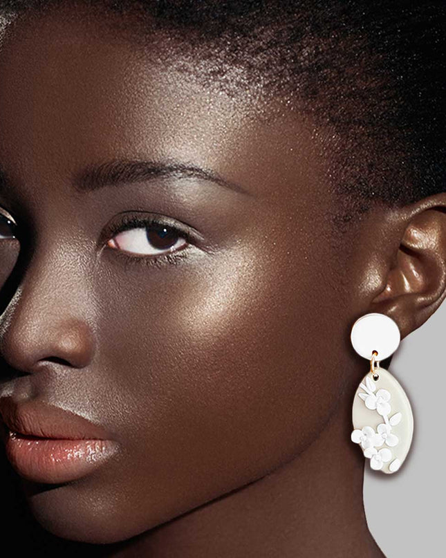 White Tan Clay Marquise Flower Bridal Earrings