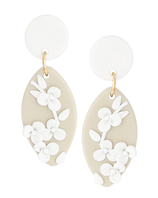 White Tan Clay Marquise Flower Bridal Earrings