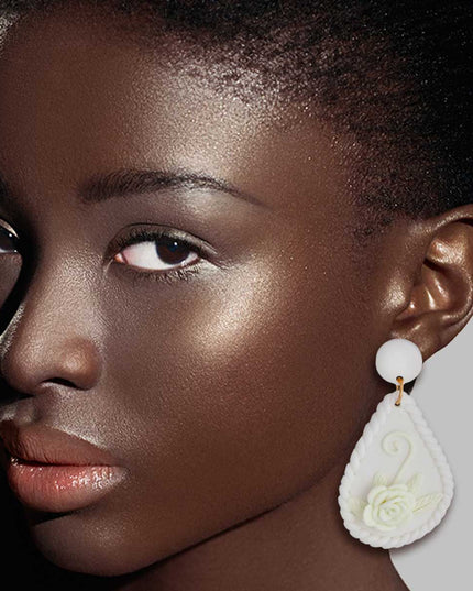 White Ivory Clay Teardrop Flower Bridal Earrings