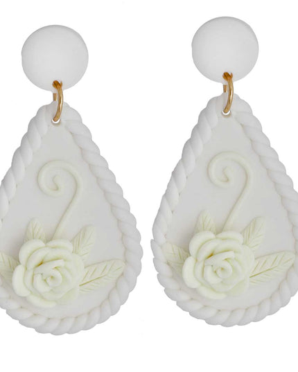 White Ivory Clay Teardrop Flower Bridal Earrings