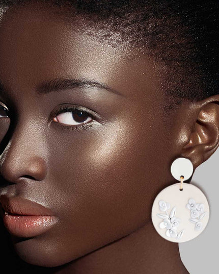 White Tan Clay Round Flower Bridal Earrings