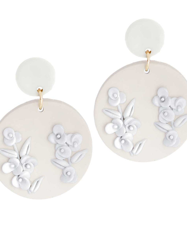 White Tan Clay Round Flower Bridal Earrings