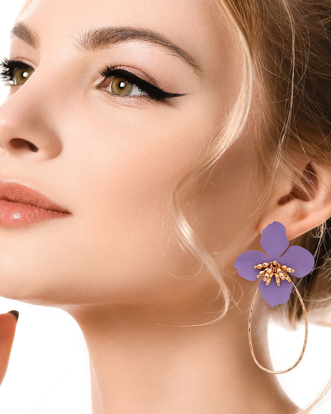 Lavender Flower Teardrop Hoops