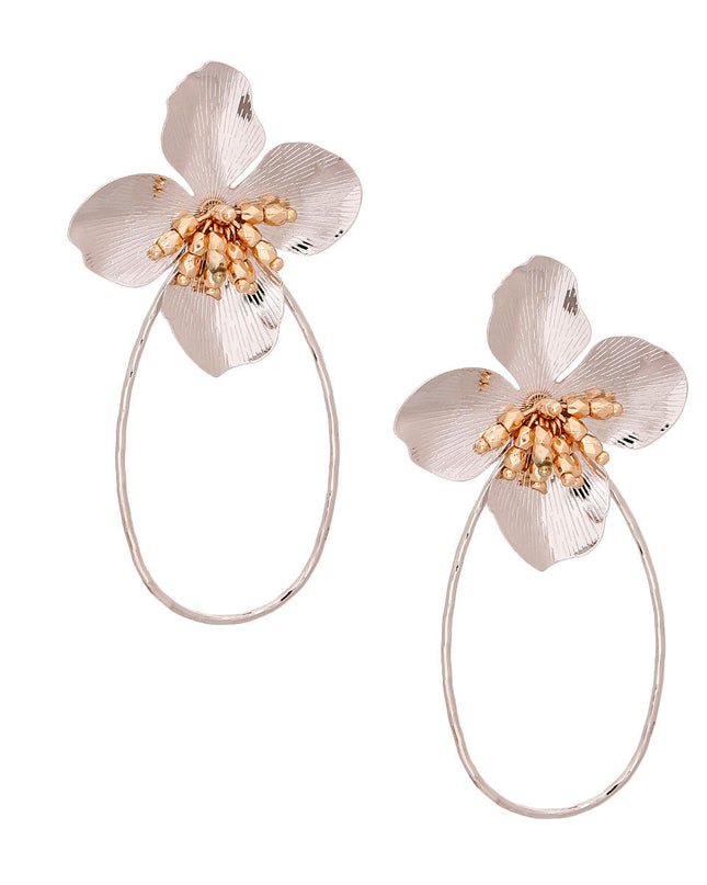 Silver Flower Teardrop Hoops