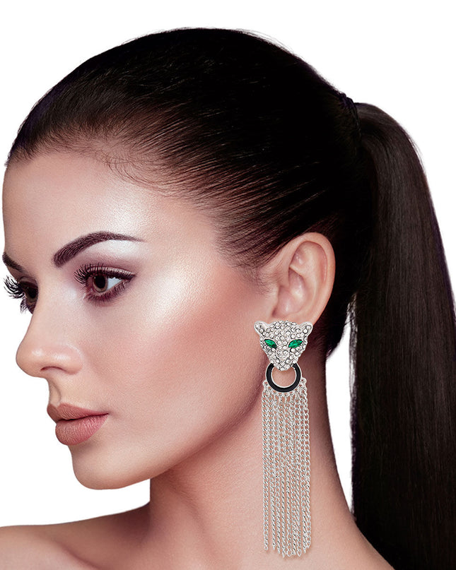 Silver Leopard Fringe Tassel Earrings
