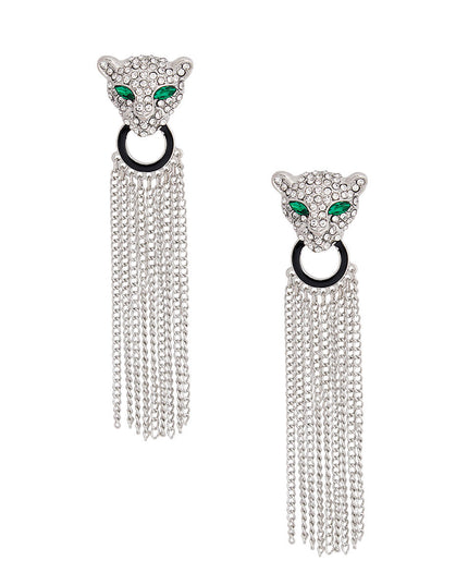 Silver Leopard Fringe Tassel Earrings