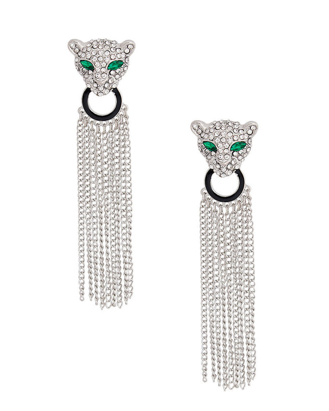 Silver Leopard Fringe Tassel Earrings