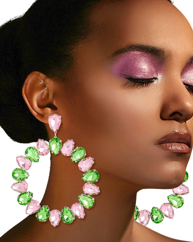 Pink Green Glass Drop Hoop Earrings