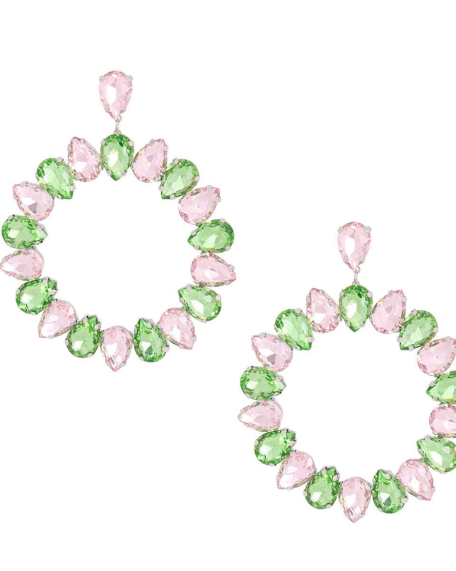 Pink Green Glass Drop Hoop Earrings