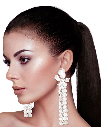 Silver Metal Fringe Flower Earrings
