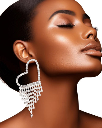 Fringe Silver Large Pave Heart Earrings for Women