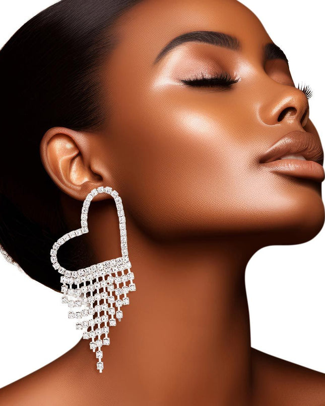 Fringe Silver Large Pave Heart Earrings for Women