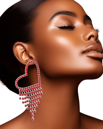 Fringe Red Large Pave Heart Earrings for Women