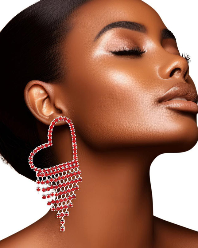 Fringe Red Large Pave Heart Earrings for Women