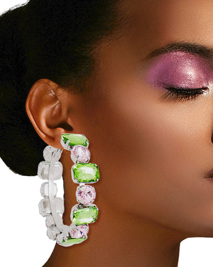 Pink Green Glass Crystal Hoops