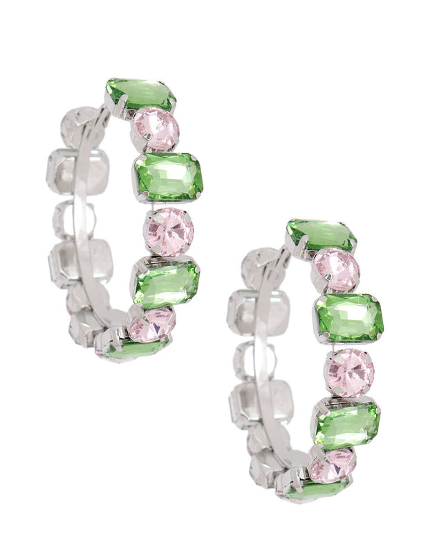 Pink Green Glass Crystal Hoops